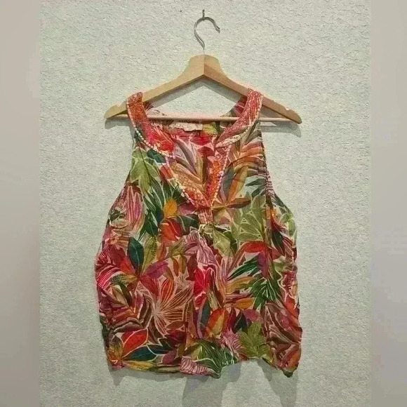C C California Orange blouse sleeveless floral top size S boho hippie vacation - Picture 1 of 6